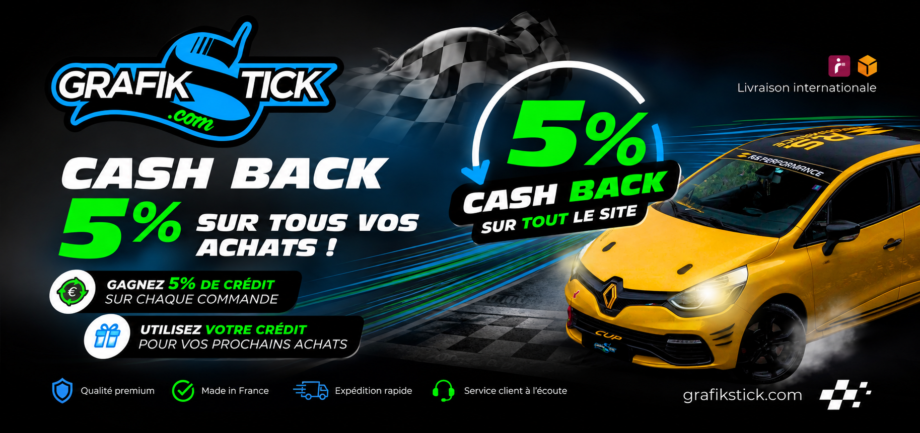 CASH BACK 5 % sur tous vos achats ! Gagnez 5 % de crédit sur chaque commande, utilisez votre crédit pour vos prochains achats » + Livraison internationale / Qualité premium / Made in France / Expédition rapide / Service client à l'écoute